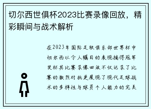 切尔西世俱杯2023比赛录像回放，精彩瞬间与战术解析