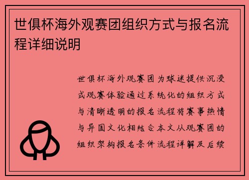 世俱杯海外观赛团组织方式与报名流程详细说明
